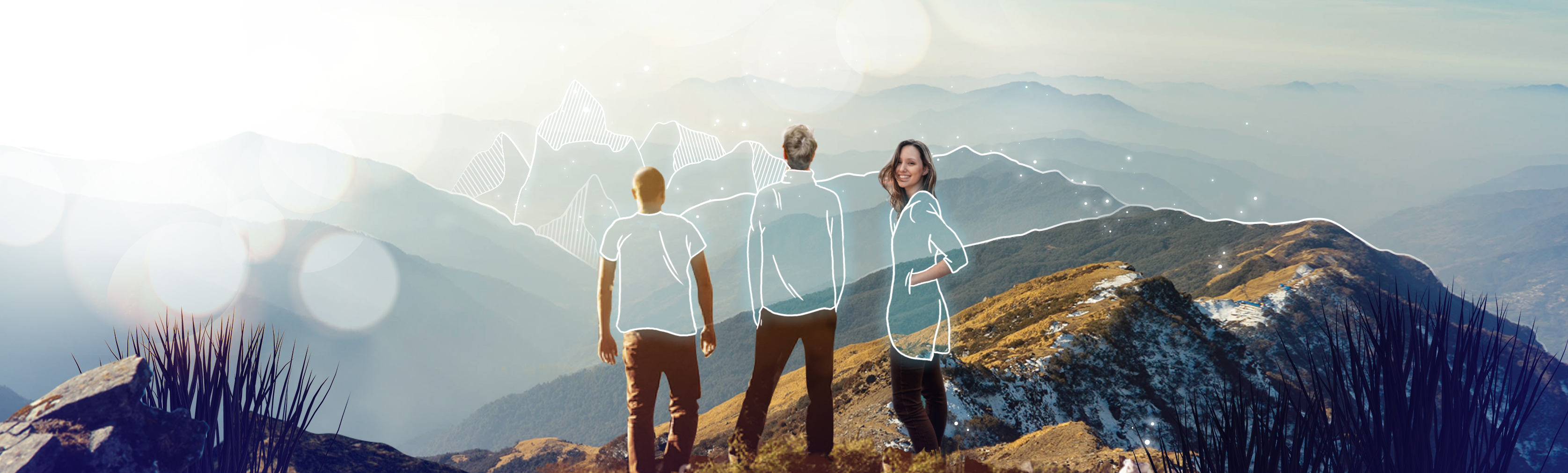 Foto-Illustration von 3 Menschen auf einem Berg