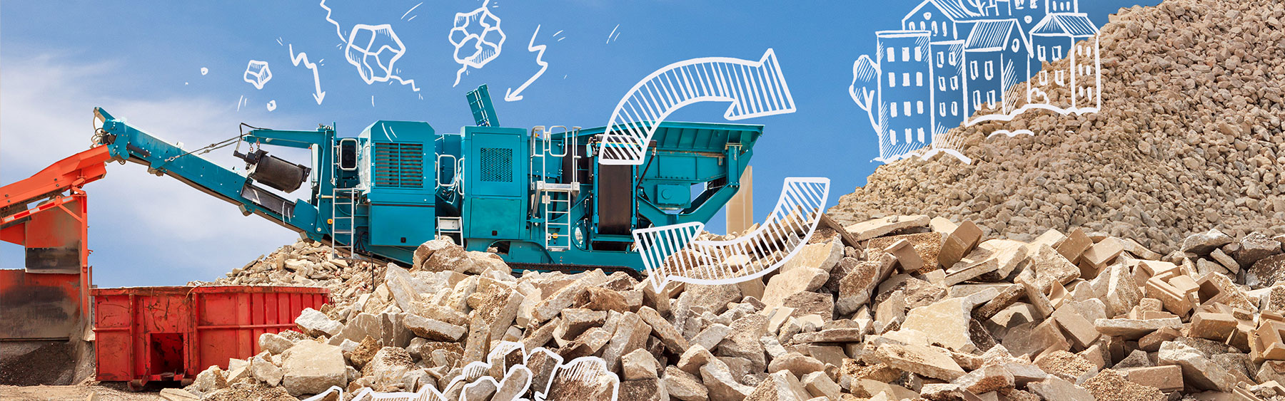 Foto einer Beton-Zerkleinerungsmaschine auf einem Schuttberg sowie Illustrationen zum Thema "Betonrecycling"