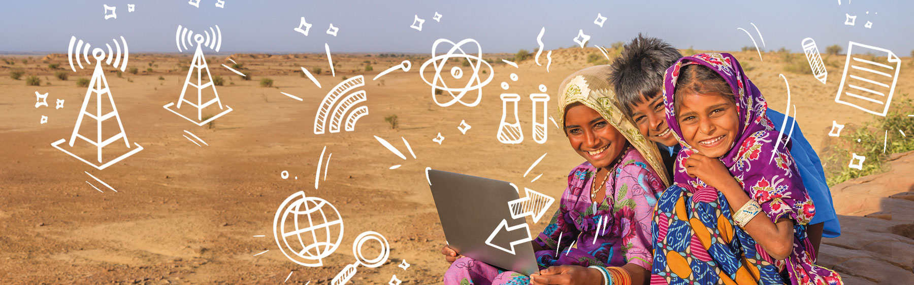 Foto von drei Kindern vor einem Laptop in einer trockenen Landschaft im Globalen Süden sowie Illustrationen zum Thema "Online-Konnektivität" 