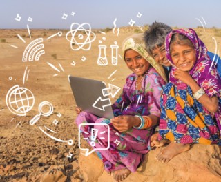 Foto von drei Kindern vor einem Laptop in einer trockenen Landschaft im Globalen Süden sowie Illustrationen zum Thema "Online-Konnektivität" 