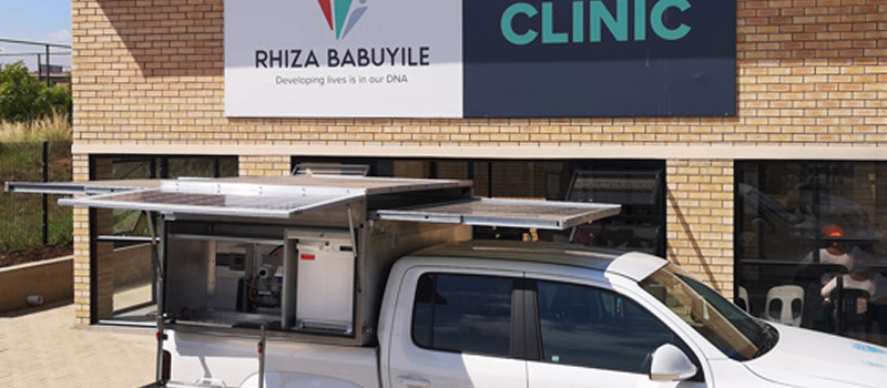A PreCare unit installed on pickup truck, in front of a local hospital